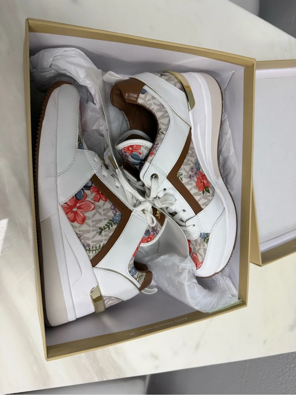 Michael Kors Georgie Trainer White Floral Wedge Sneakers with Brown Accents